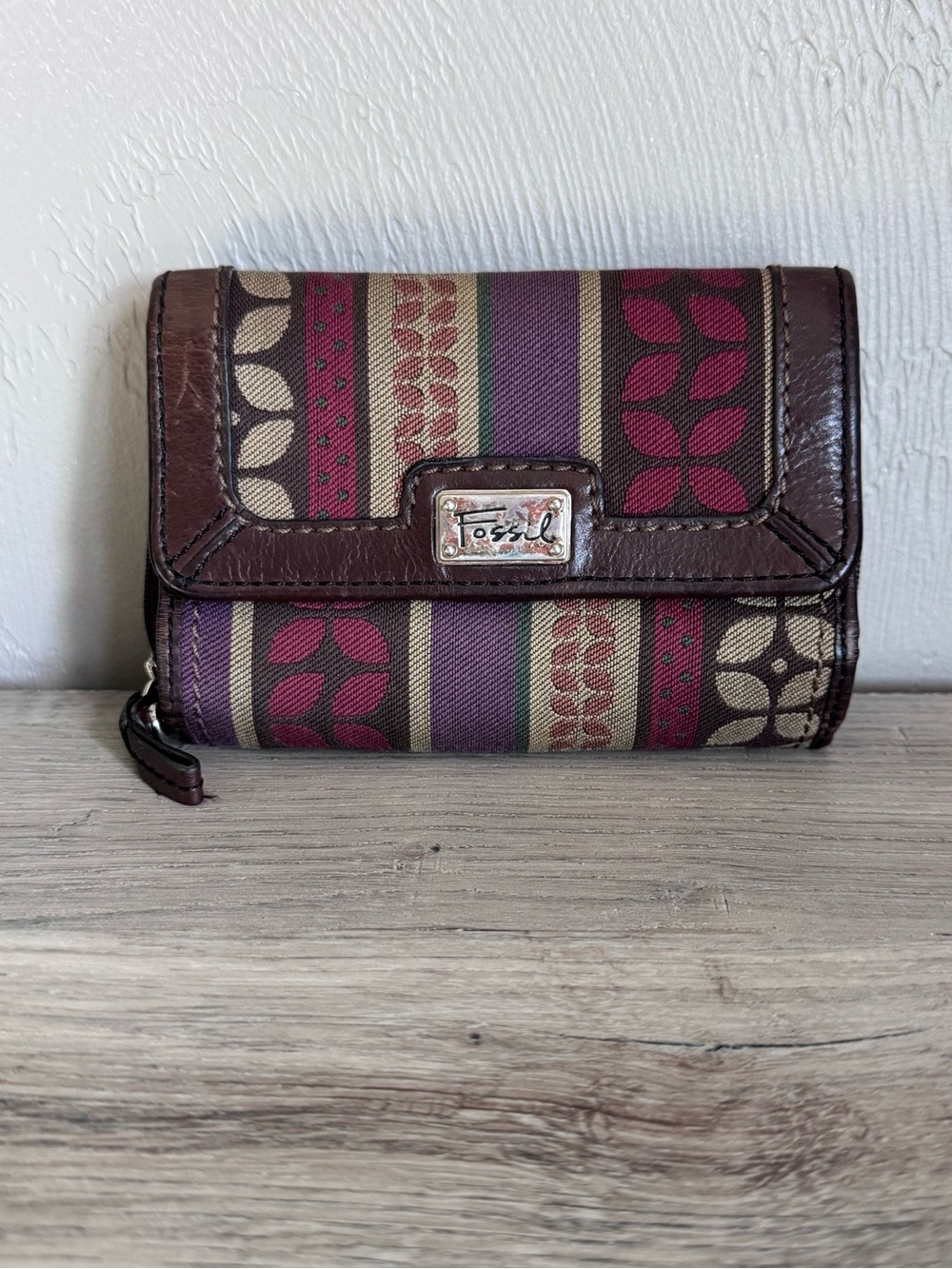 Fossil Multicolor Woven Jacquard Leather Trim Bifold Wallet Boho Y2K